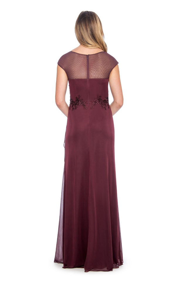 Lace applique top overlay cascade long gown - formal evening dress - mother of bride dress - plus size dress