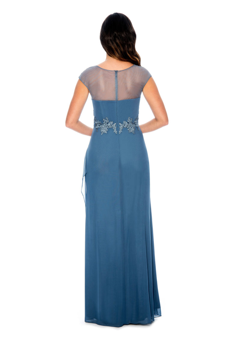 Lace applique top overlay cascade long gown - formal evening dress - mother of bride dress - plus size dress