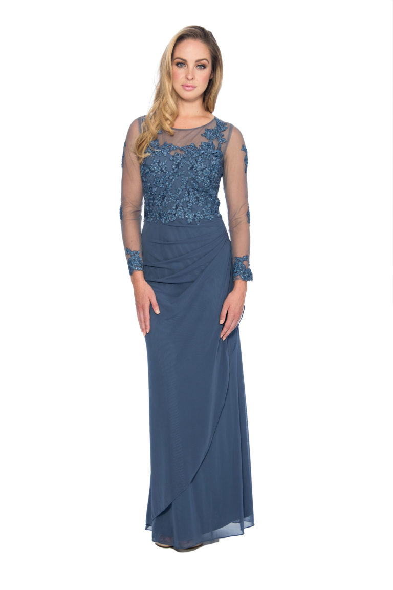 Lace applique long sleeve top overlay cascade long gown - formal evening dress - mother of bride dress - plus size dress