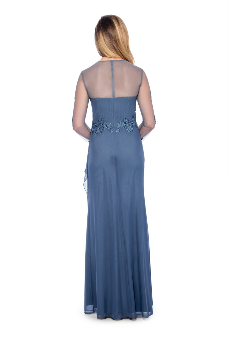 Lace applique long sleeve top overlay cascade long gown - formal evening dress - mother of bride dress - plus size dress