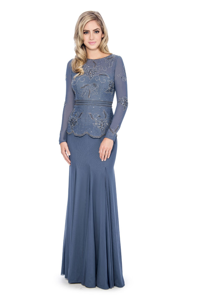 Beaded peplum long godet gown - formal evening dress - mother of bride dress