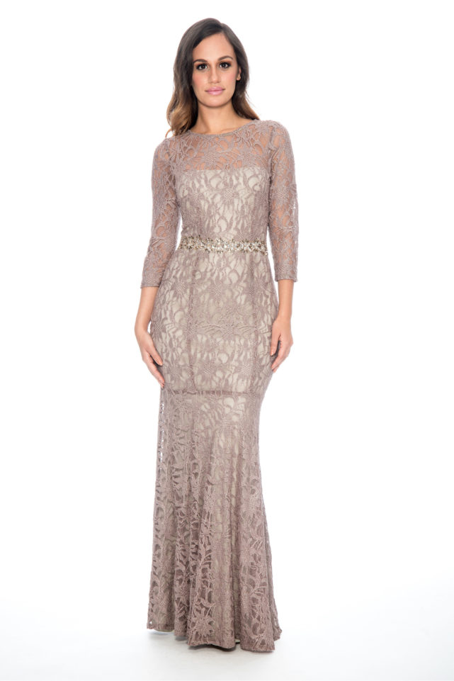 Beaded waist lace long gown - bridesmaid dress - mother of bride dress - wedding guest dress - formal evening dress