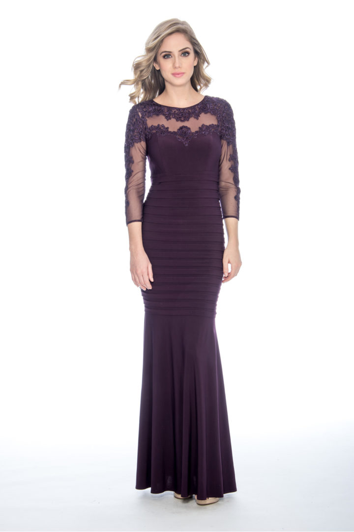 Shutter pleat and floral appliqué, long dress.