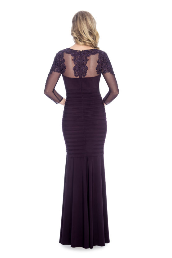 Shutter pleat and floral appliqué, long dress.
