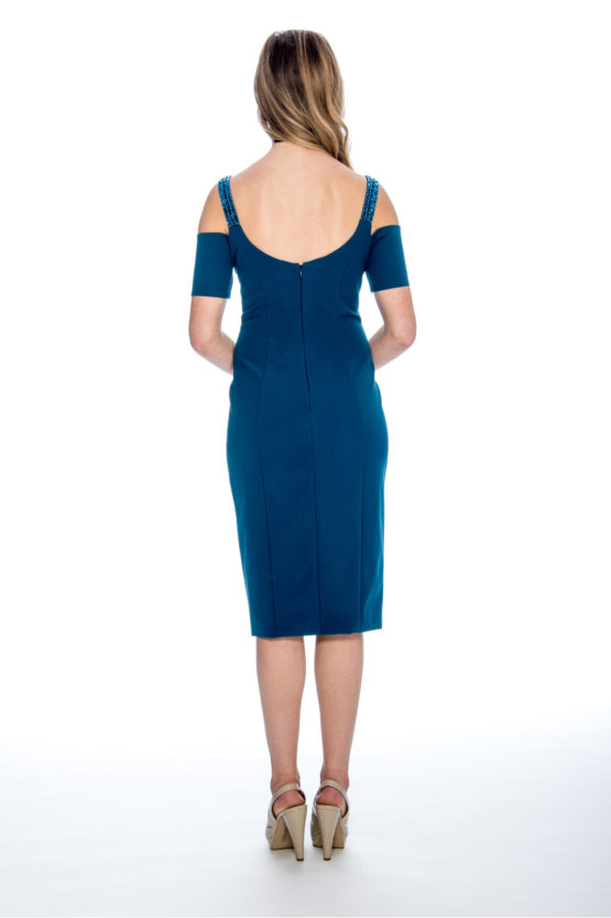 Cold shoulder, beaded strap, and slit, short dress.