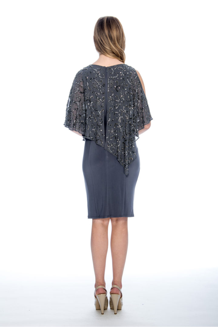 beaded cape, cold shoulder, short dress