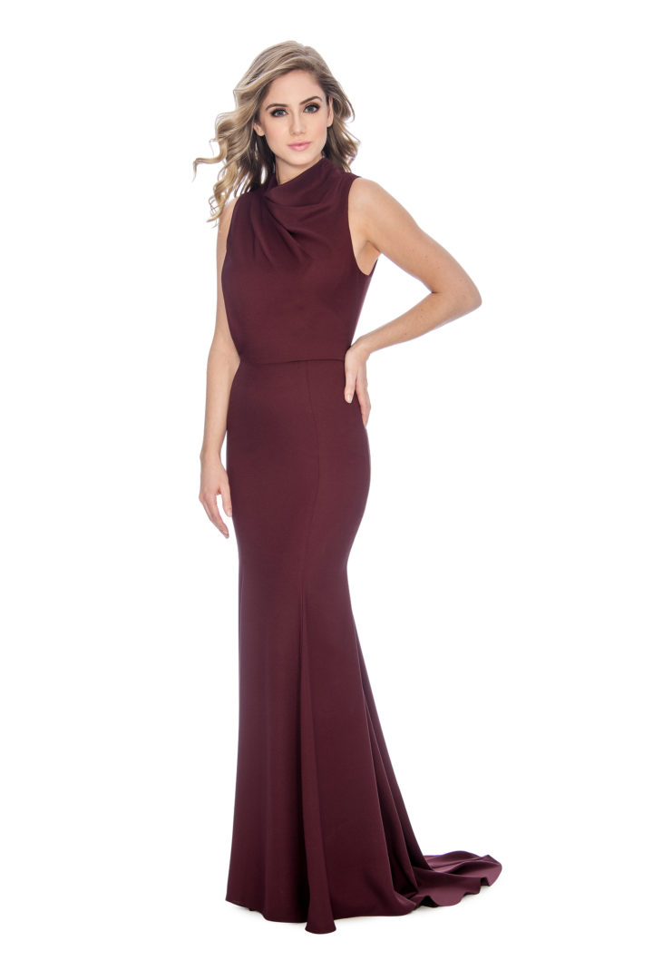 High neck, cowl neck, long dress