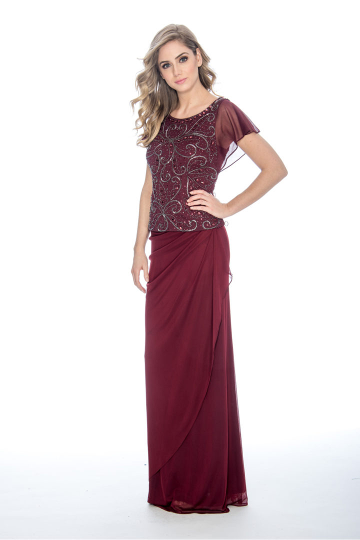 faux two-fer, beaded top, long dress