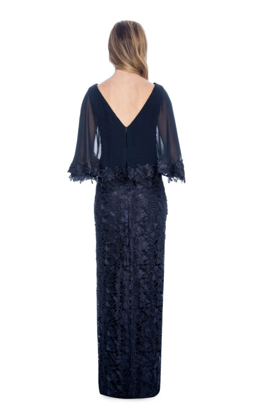 cap overlay, lace, long dress