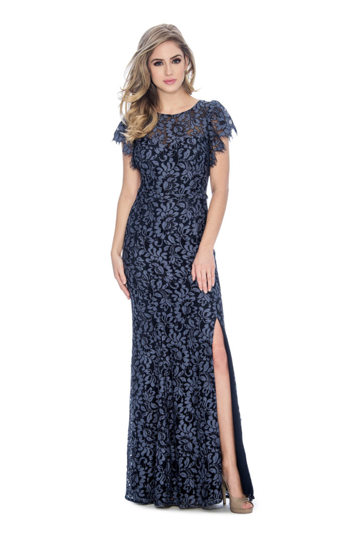 Lace, flutter sleeve, slit, long dress