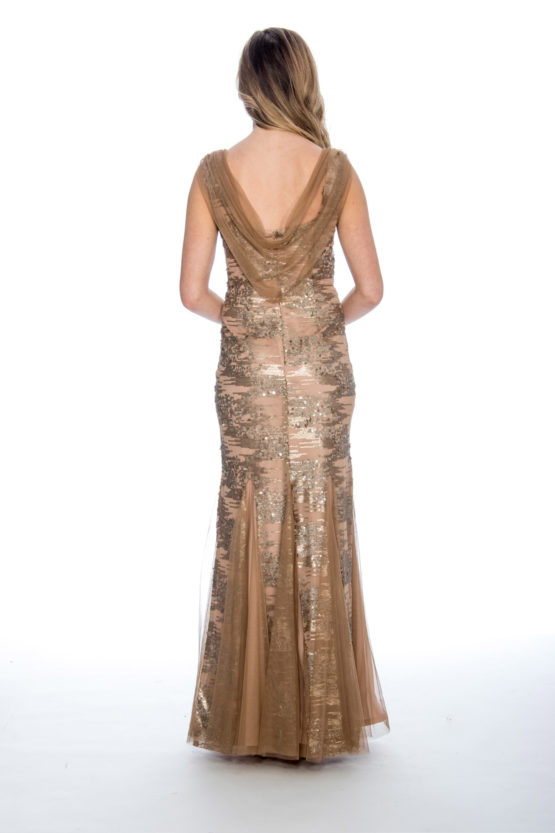 cowl back, sequin, godet, long dress