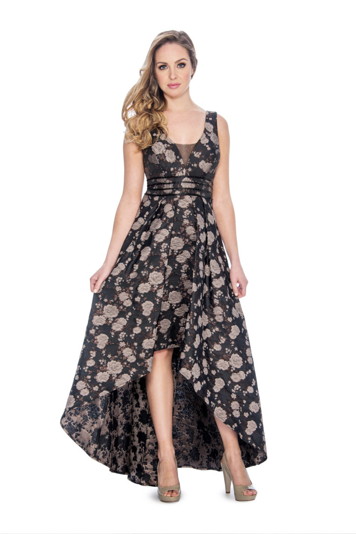 High low, brocade print dress
