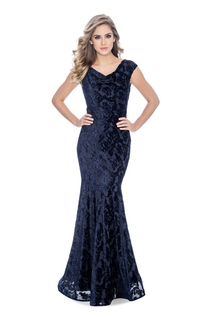 Cowl neck, velvet burn out, long dress