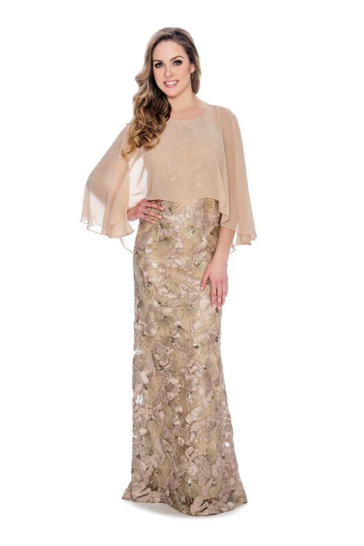 Cape overlay, soutache, long dress