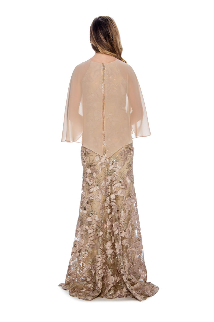 Cape overlay, soutache, long dress