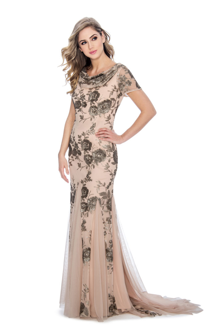 Cowl neck, sequin, long dress