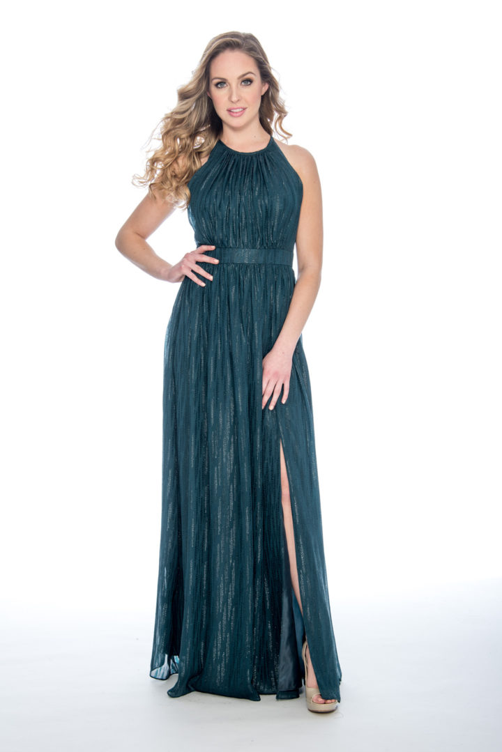high neck, chiffon print, long dress