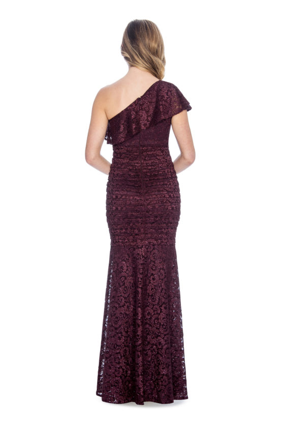 one shoulder, lace, ruffle, long dress