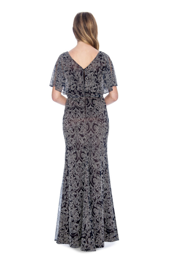 flutter sleeve, caviar beading, long dress