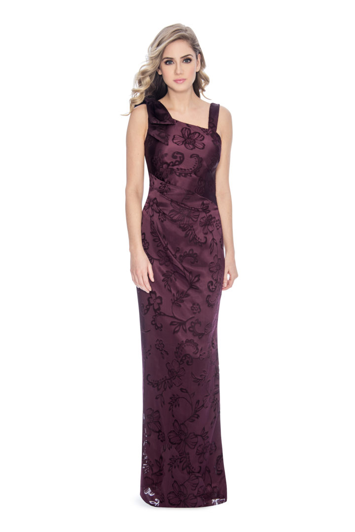 print, bow detail, long dress