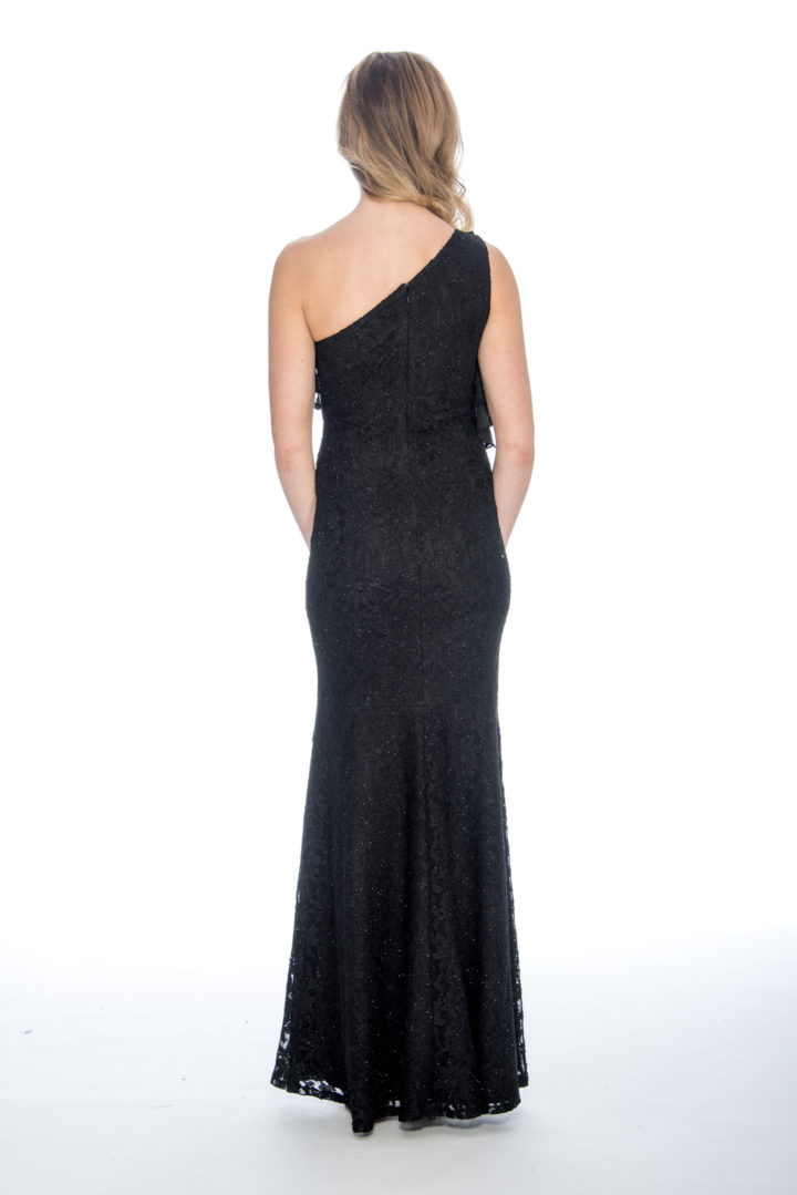 One shoulder, lace, ruffle, long dress