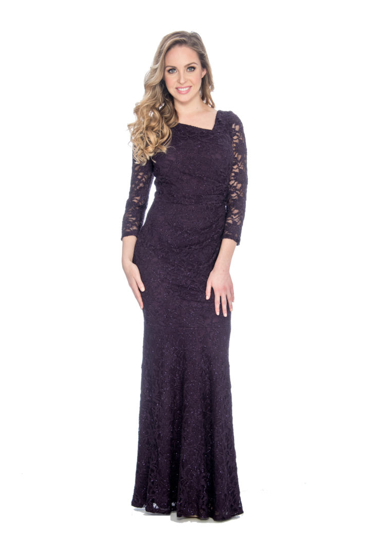 Asymmetrical neckline , long dress
