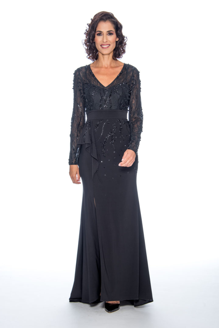 Beaded top, ruffle skirt, long dress