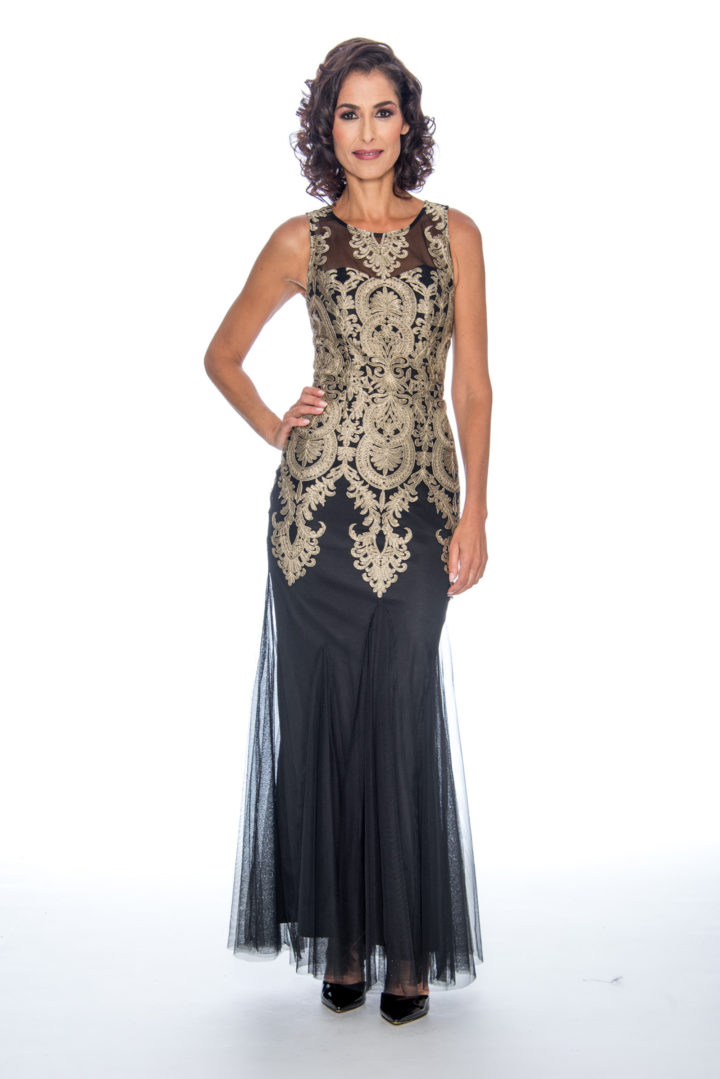 Appliqué, godet, long dress